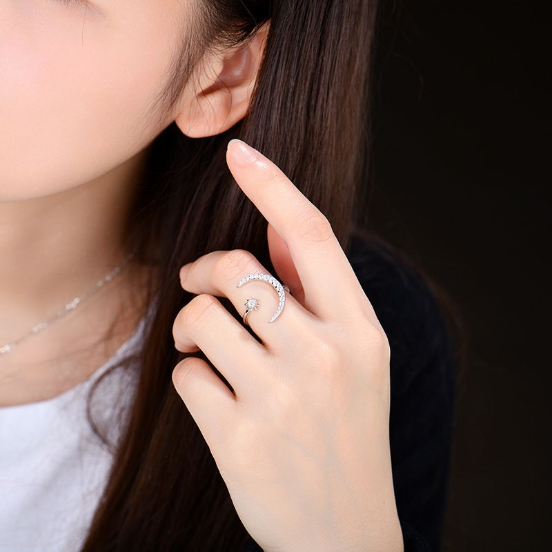 Anello mezzaluna moda femminile anello aperto S925 argento sterling zircone anello gioielli femminili gioielli in argento_voghion.com