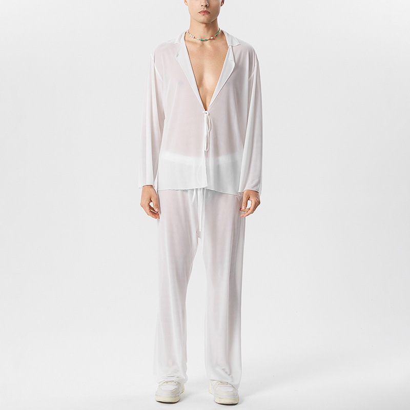 Men's Thin Solid Color Sexy Deep V-Lace Long sleeved Cardigan Shirt Perspective Pants Fashion Set_voghion.com