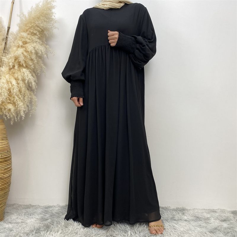 Women's Muslim simple solid color pleated elastic cuffs with front zipper full lining elegant chiffon dress _voghion.com