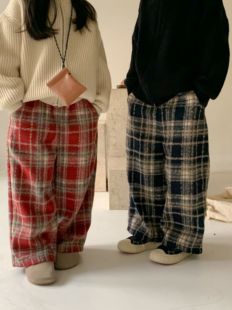 Pantaloni per bambini Pantaloni invernali a gamba dritta scozzese per ragazzi e ragazze Pantaloni scozzesi a gamba larga casual spessi per bambini_voghion.com