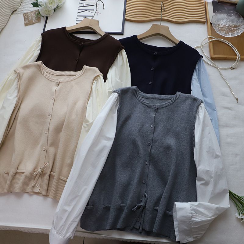 Camicia a maniche lunghe elegante e versatile in due pezzi, stile coreano, lavorata a maglia, patchwork, color-block, autunno 2025, per donna_voghion.com
