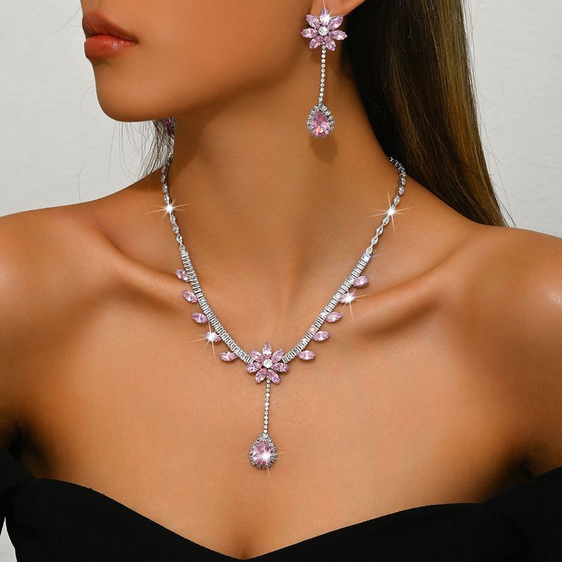 Women's Jewelry Set Fashion Trend Zircon Luxury Necklace Earrings Set Hot Style Wearing Skirt Pink Flower Tassel_voghion.com