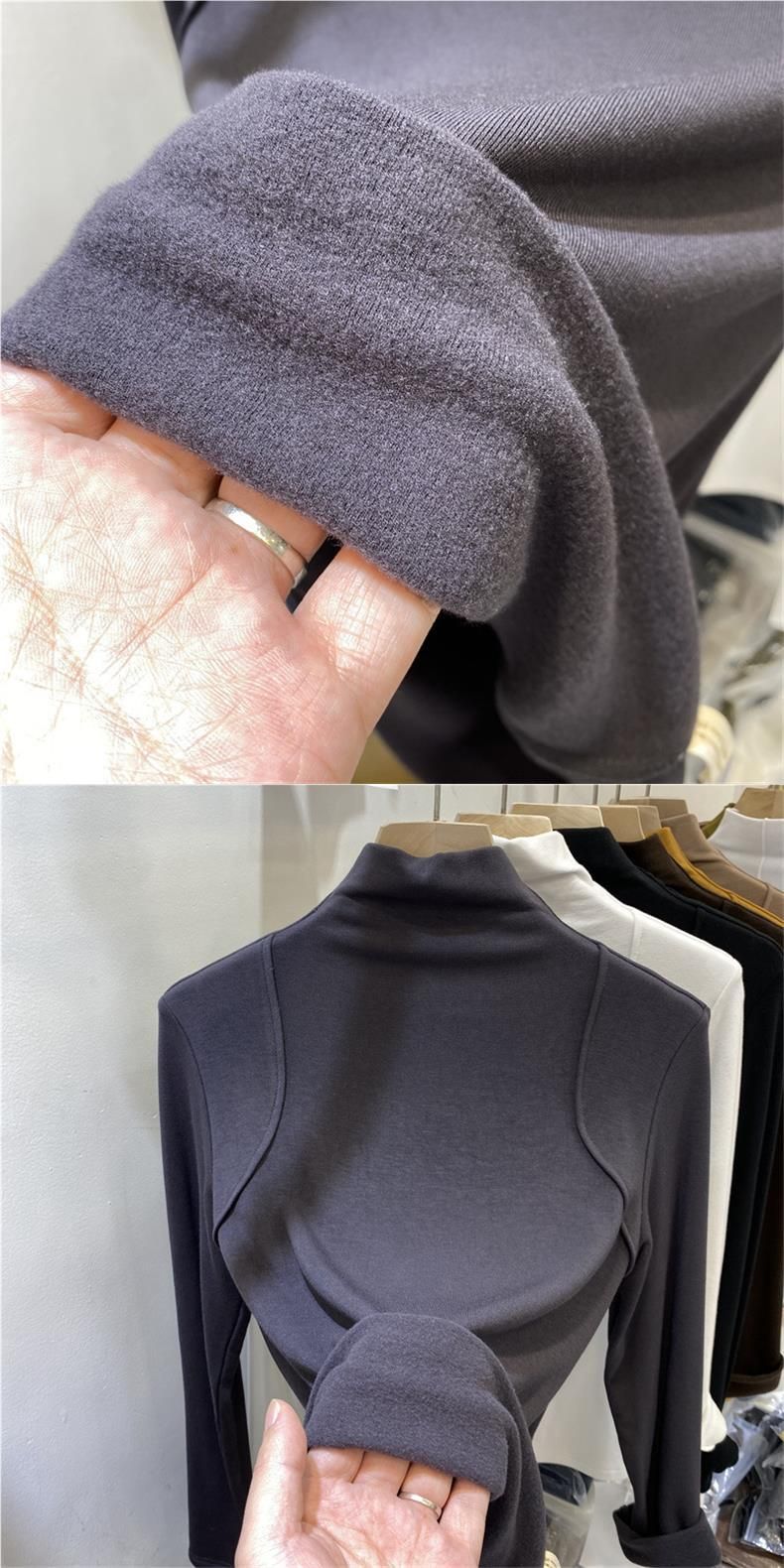 Trådad, halvhöghalsad basskjorta med innerlager höst vinter 2024 ny långärmad T-shirt för kvinnor, smal passform, bantning_voghion.com