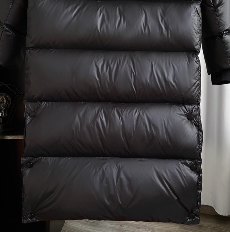 Damenbekleidung schwarz-goldene, neue, nationale Standard-Daunenjacke aus weißer Ente, mittellang, für Damen mit winddichter Kapuze_voghion.com