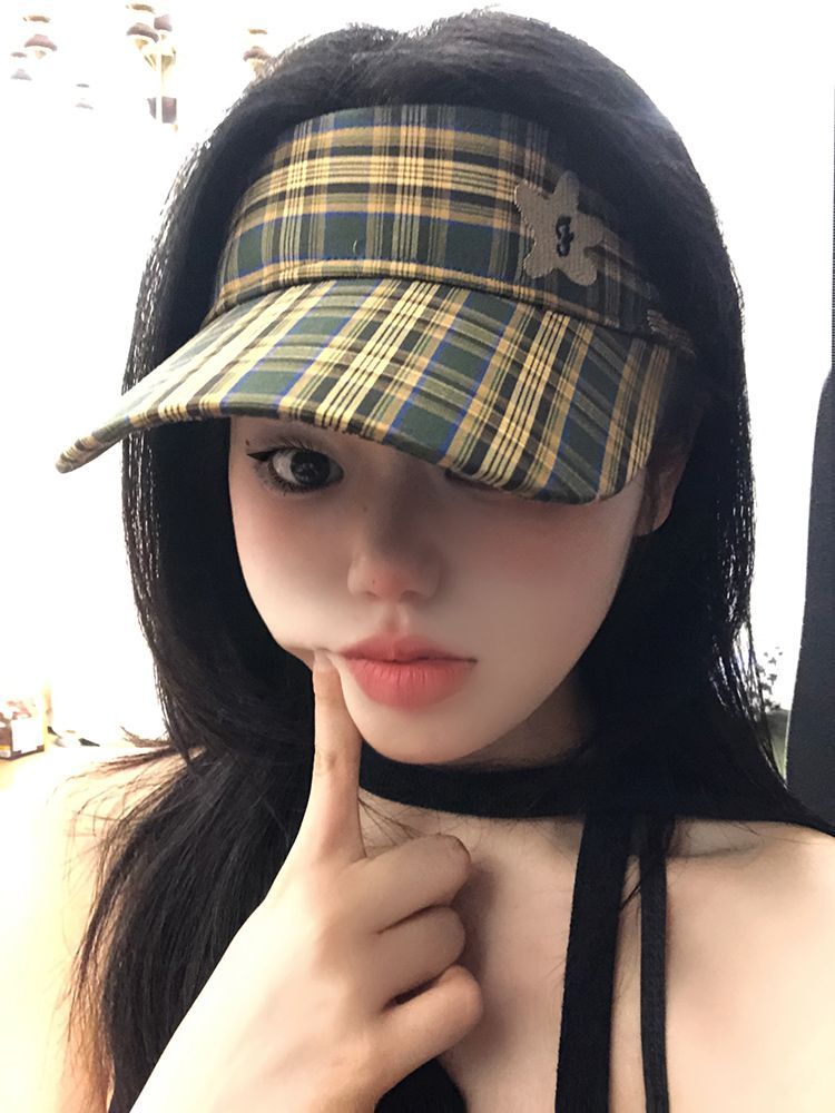 Retro Plaid Sunscreen Empty Top Hat Women's Summer Sunshade UV Protection Face Cap_voghion.com