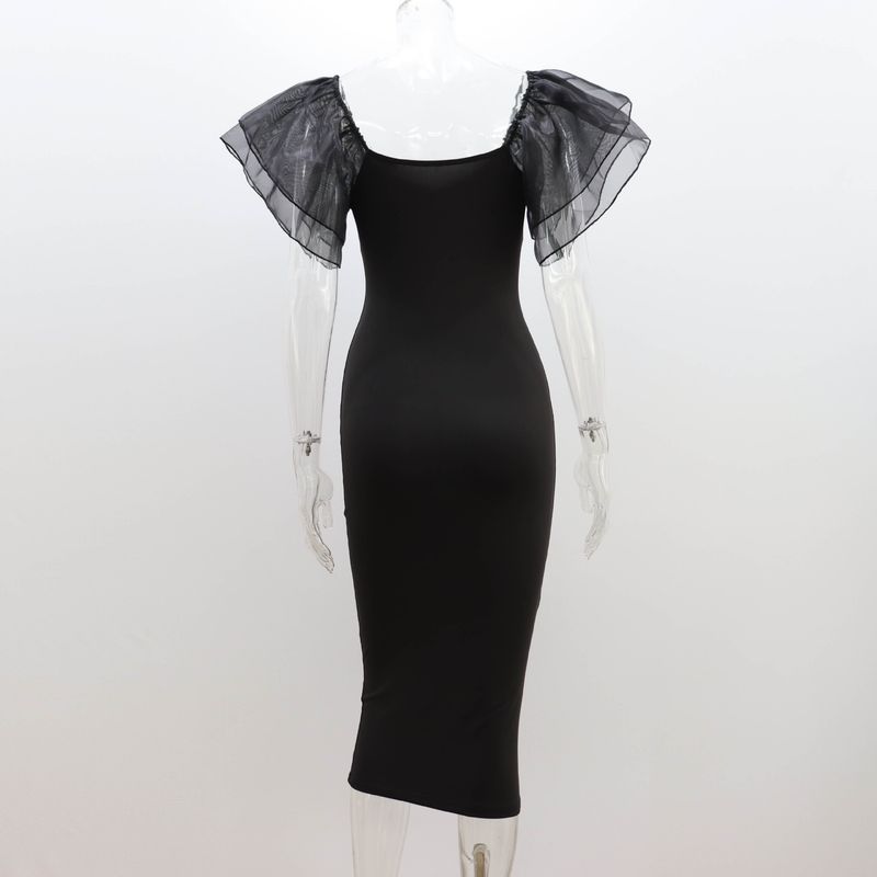 Enges sexy Kleid für Frühling und Sommer 2023, neues schwarzes Netz mit Lotusblattärmeln, quadratischer Kragen, langer Rock für Frauen_voghion.com