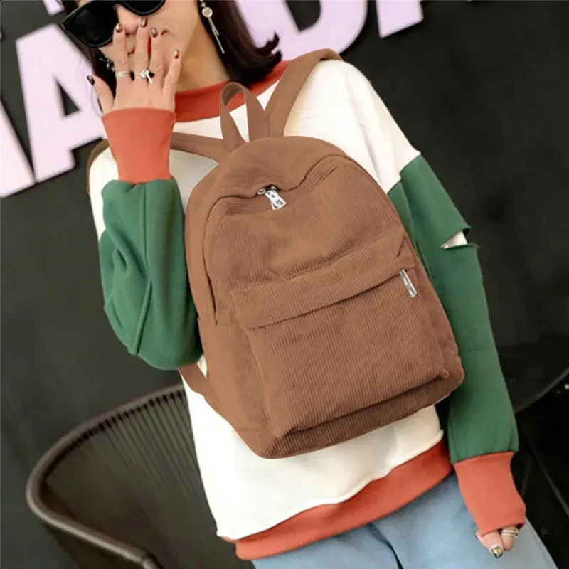 Zaino alla moda da donna in velluto a coste, tinta unita, per la scuola, per giovani, da viaggio, borsa a tracolla 250408l_voghion.com