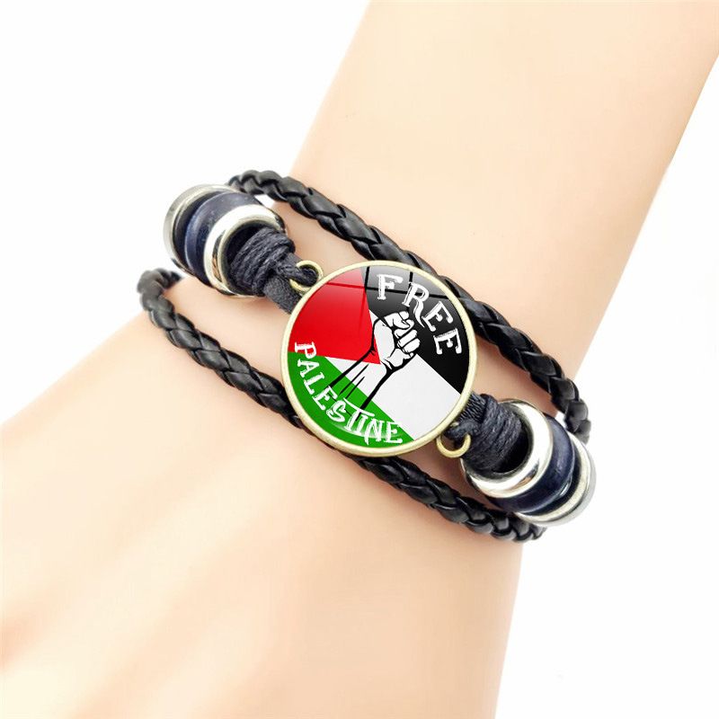 Bracelet en cuir tressé multicouche fait main avec drapeau palestinien_voghion.com