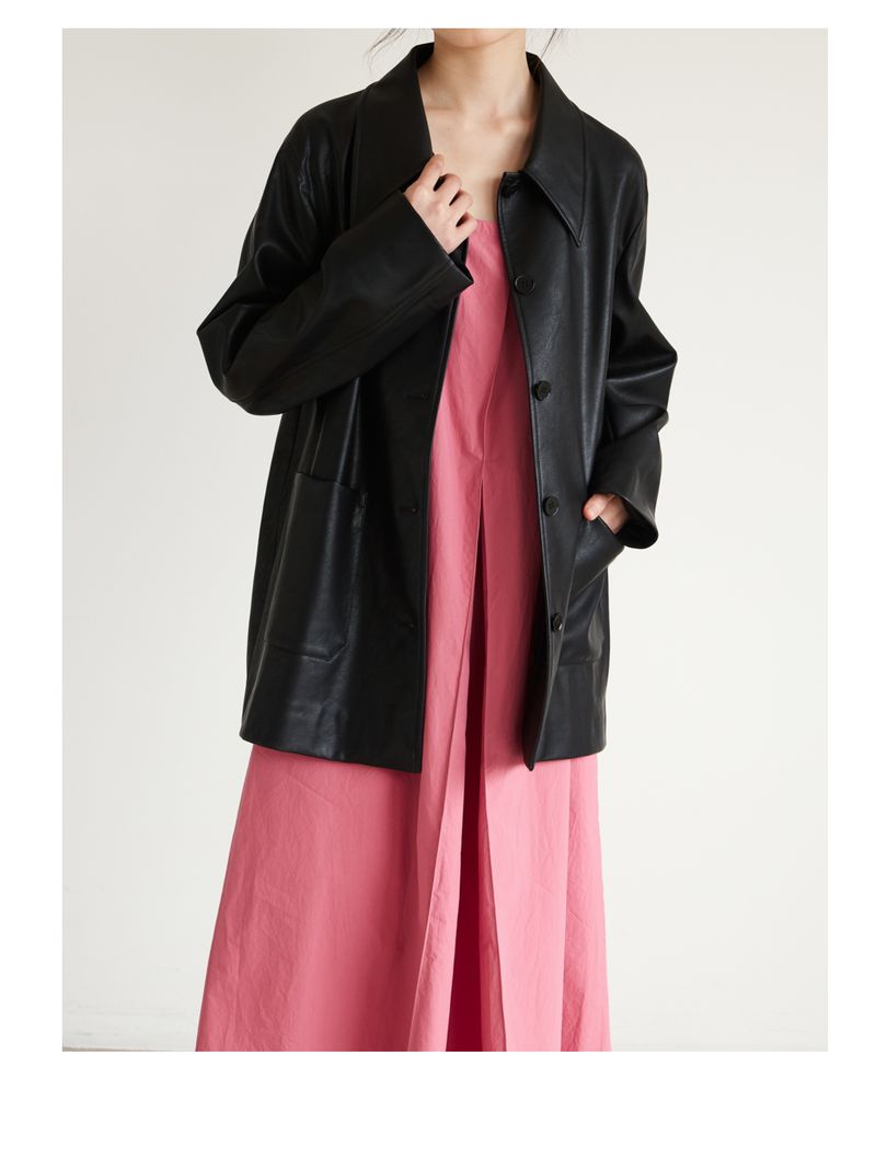 Schwarz für Damen, 2024 Herbst neuer Style, cool und lässig, kleiner spitzer Kragen, umweltfreundliches Ledertop_voghion.com