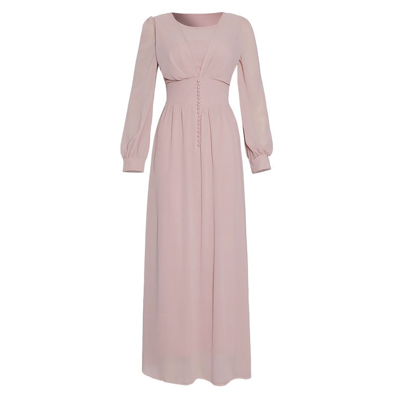 Women's Robes Solid Color Chiffon Beaded Tunic Dress Muslim Abaya_voghion.com