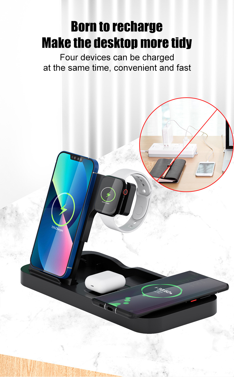 Vezeték nélküli töltő 4 az 1-ben iPhone 12 Pro Max 14 Plus 13 11 Samsung Xiaomi Oneplus Dual 15W összecsukható gyorstöltő állomás_voghion.com