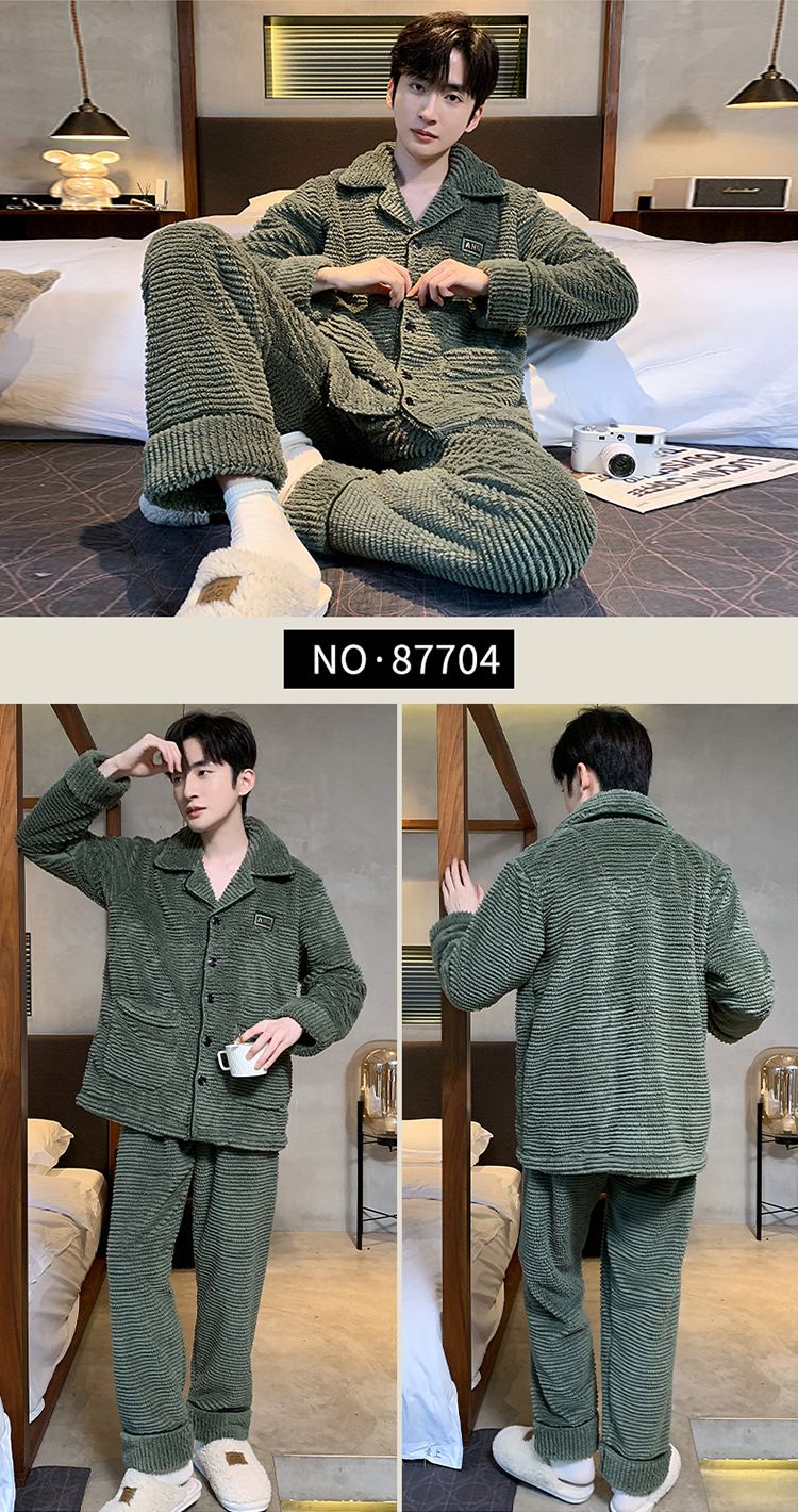 Pyjamas für Herren im Herbststil, dicker und plüschiger Korallensamt, warme Flanell-Heimkleidung, großes Winterset_voghion.com