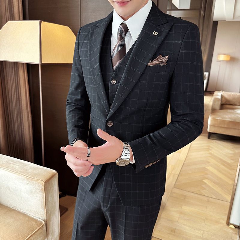 CT Herren Herbst Winter Dreiteiliges Business Casual Plaid Zweireihiges Reversanzug-Set Live-Streaming_voghion.com