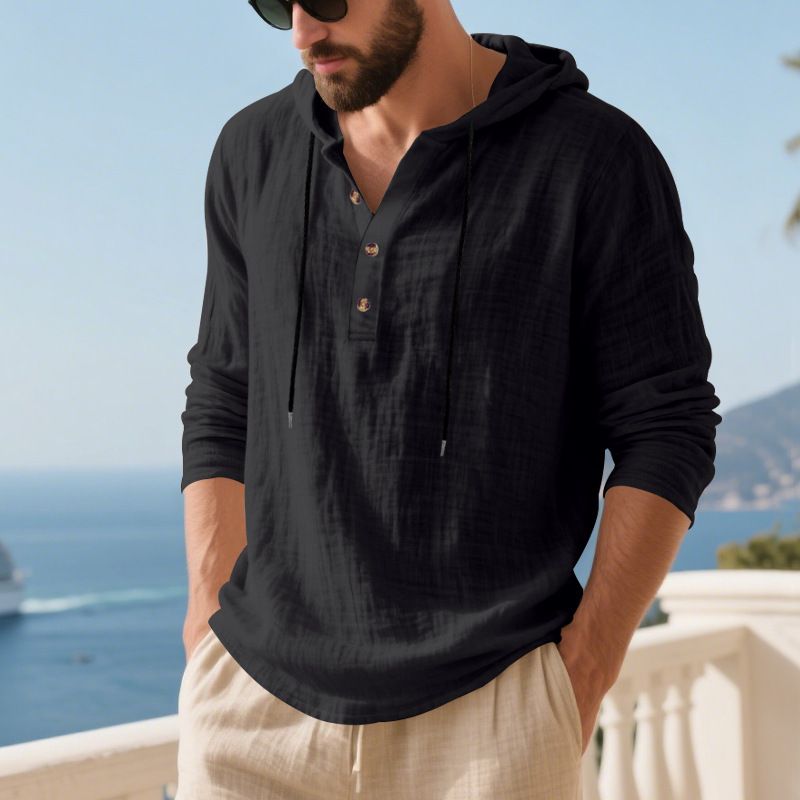 Herren-Kapuzenhemd aus Leinenmischung – Leichtes und atmungsaktives Langarm-Strandhemd (Schwarz/Grau/Armeegrün, lockere Passform, maschinenwaschbar)_voghion.com