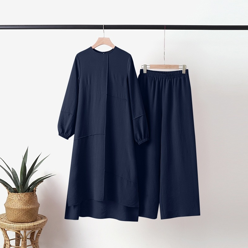 Conjunto feminino de camisa manga bolha solta e elegante com calças largas_voghion.com