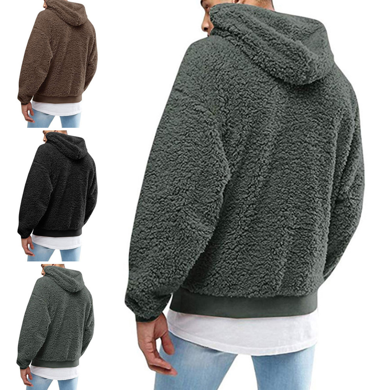 Winter Men's Solid Color Fluffy Wool Hooded Coat Pullover Warm Sweatshirt Veet Fleece Hooded Men's Sweater_voghion.com