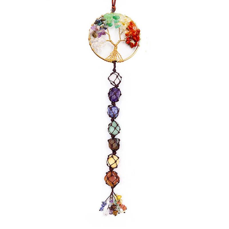 Handwoven 7-Color Crystal Gemstone Tree Of Life Car Hanging Ornament, Dreamcatcher Pendant, Boho Home Decor, Natural Stone Beaded Charm_voghion.com