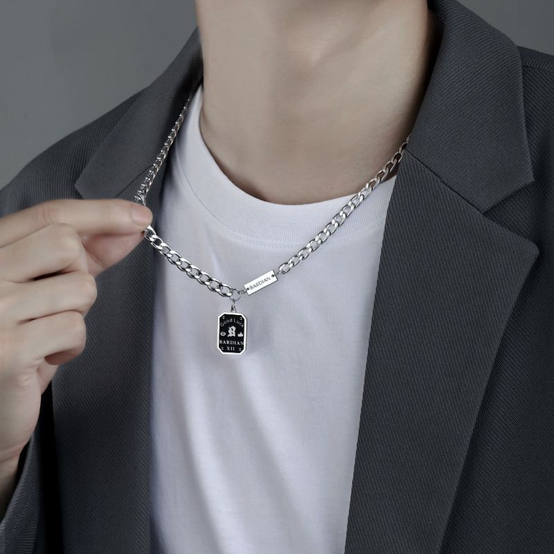 Letter Square Titanium Steel Necklace For Men Hip Hop Trendy Light Cuban High Street Clavicle Chain High-end Feel -end_voghion.com