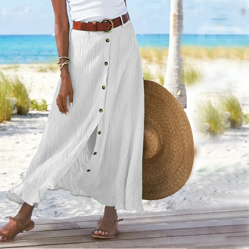 hot selling Women's S-2XL size Cotton and linen cross-border foreign trade split A-line bag buttocks mid waist long skirt_voghion.com