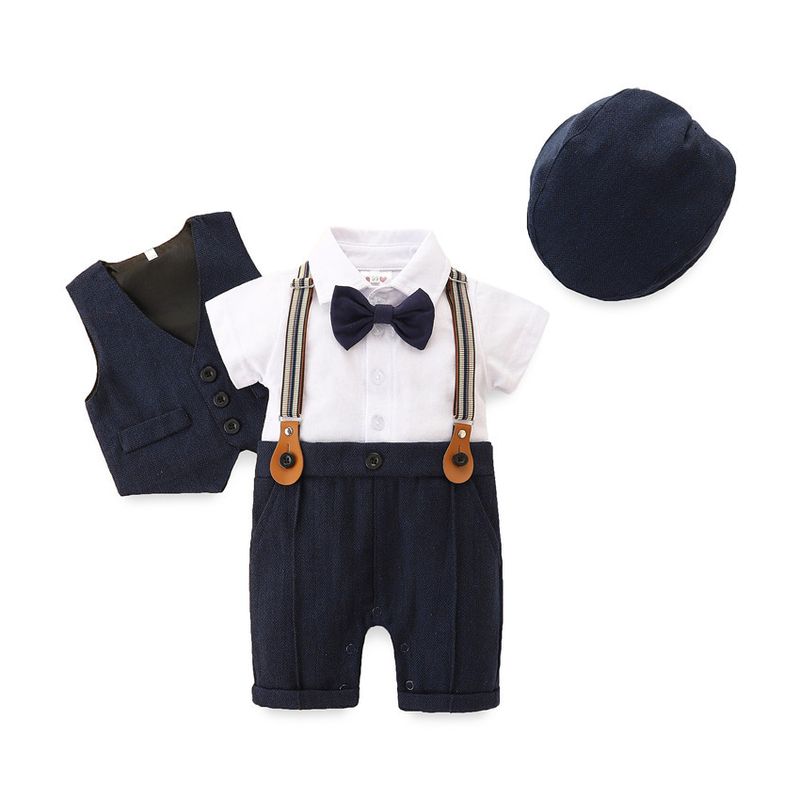 SAMGAMI BABY Ensemble trois pièces pour garçon, version coréenne, barboteuse à manches courtes, gilet et chapeau, blanc, nœud papillon, bretelles_voghion.com