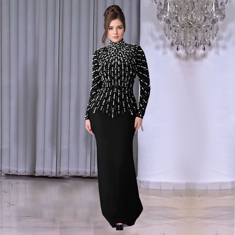 Women's Clothing Elegant Long Sleeve Beaded & Crystal Embellished Bodycon Dress For Women – High Neck, A-Line Hem, Glamorous Evening & Office Wear_voghion.com