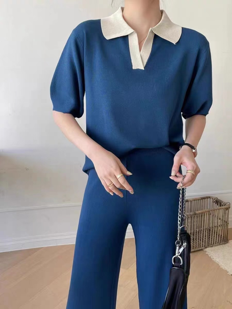 Nuovi set Pama autunnali per donna colletto polo manica corta maglia top maglione vita alta pantaloni a gamba larga set due pezzi_voghion.com