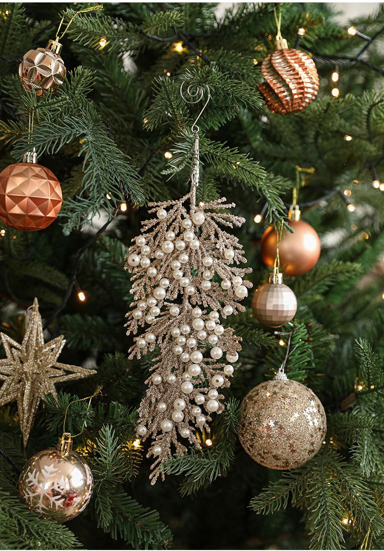 Ornements de Noël en forme de feuille de pin en plastique orné de perles couleur champagne doré – Décoration élégante et irrégulière à suspendre pour décorer votre sapin et votre intérieur pendant les fêtes._voghion.com