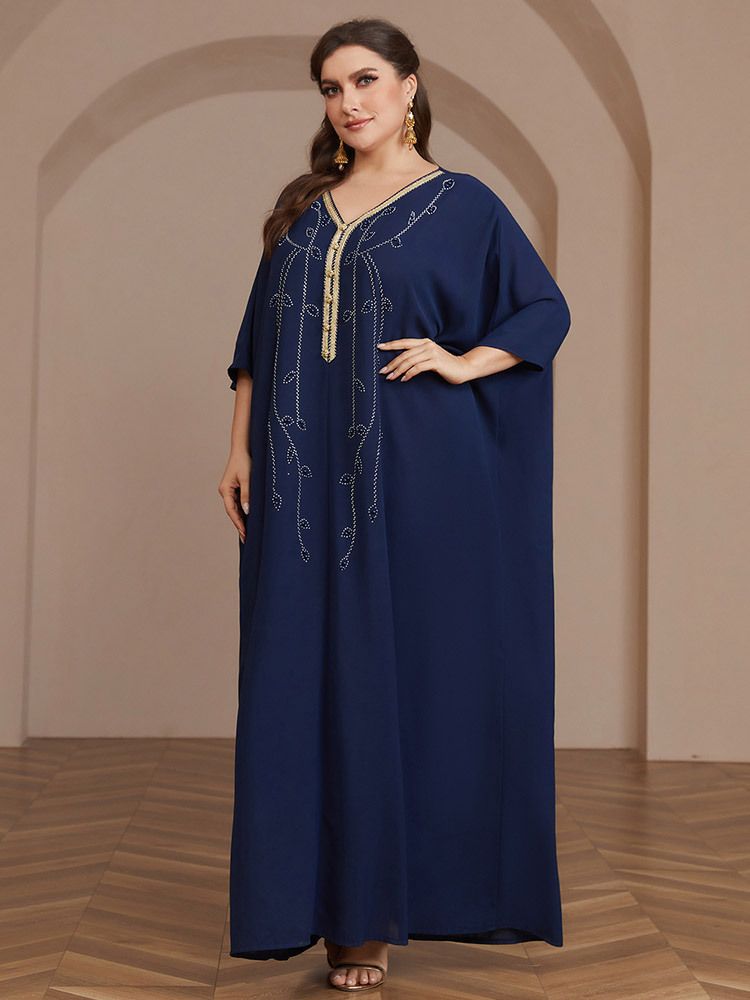 Neu Muslimischen Casual Heißer Diamant Lose Taille Kleid_voghion.com