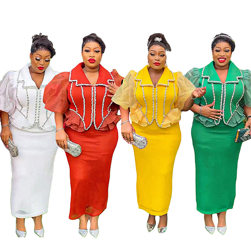 Women's plus size skirt set press drill patchwork two-piece dress_voghion.com