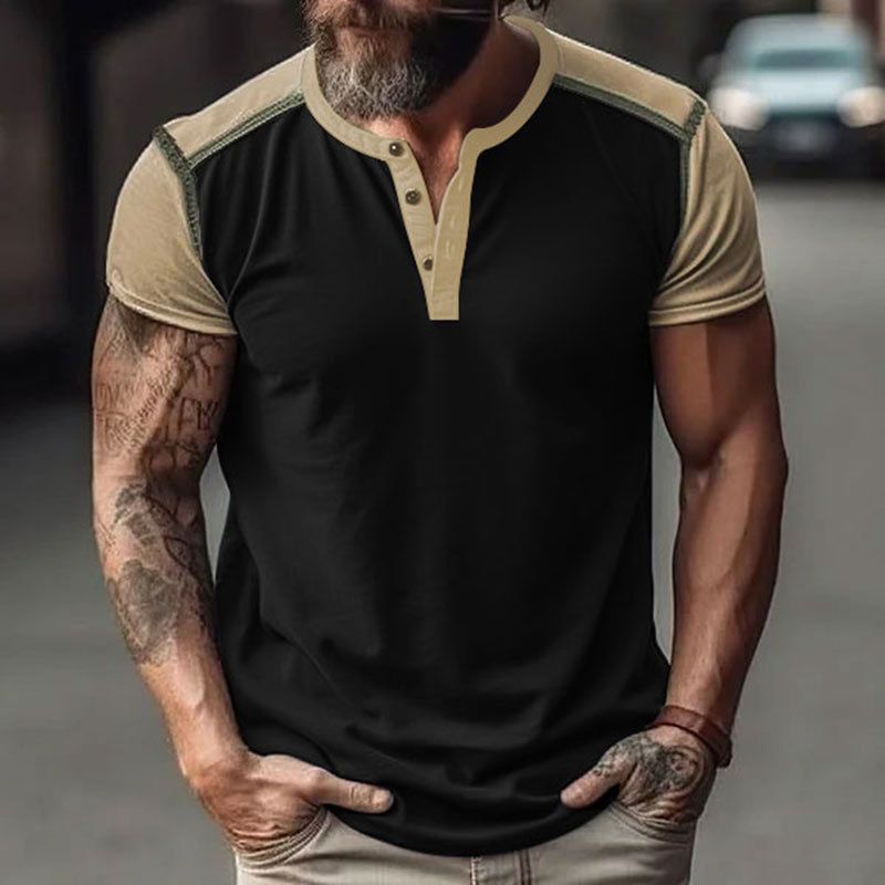 2024 Summer New Men's Colored Short sleeved Henley Shirt American Button T-shirt_voghion.com