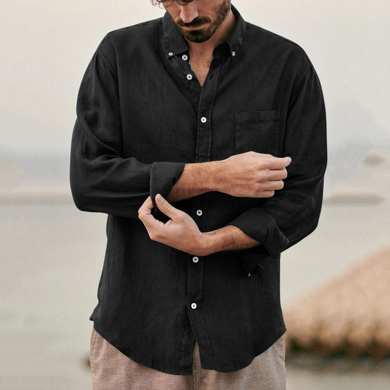 Cardigan casual con risvolto in tinta unita, in cotone e lino, camicia da uomo retrò casual e ampia_voghion.com