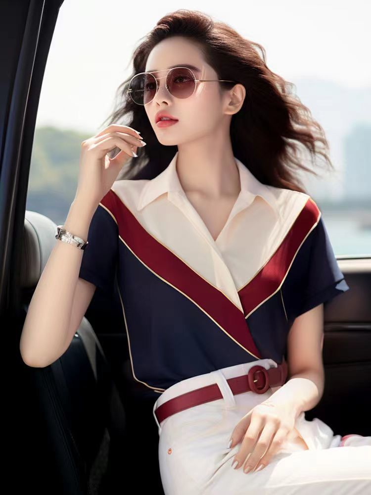 French Western unique and exquisite small top, super beautiful color blocked short sleeved slim fit shirt for women's_voghion.com