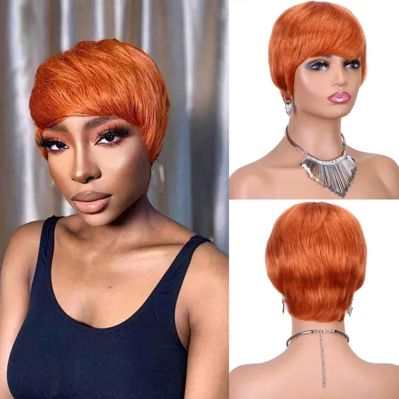 Short Pixie Cut Straight Human Hair Wig with Bangs 150% Density Full Machine Made 6Inch Remy Hair Wigs_voghion.com