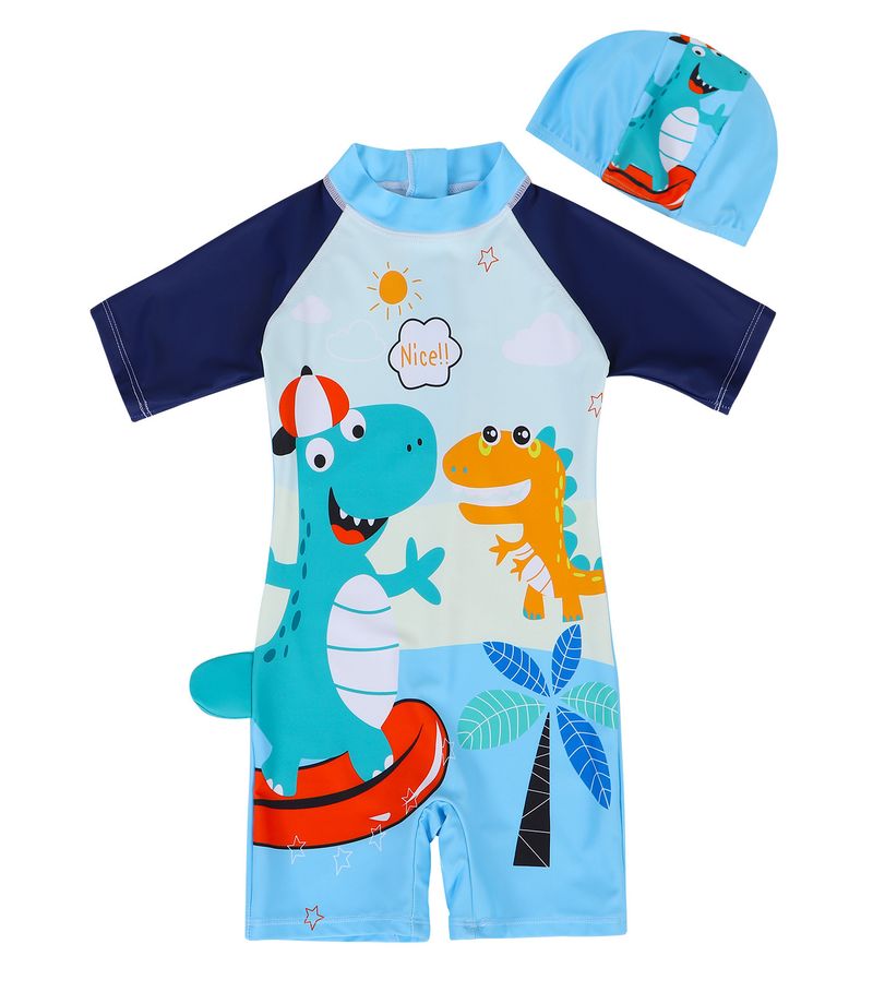 Mother & Kids summer children's clothing dinosaur print one-piece hooded swimsuit quick-drying breathable beach sunscreen baby swimsuit_voghion.com