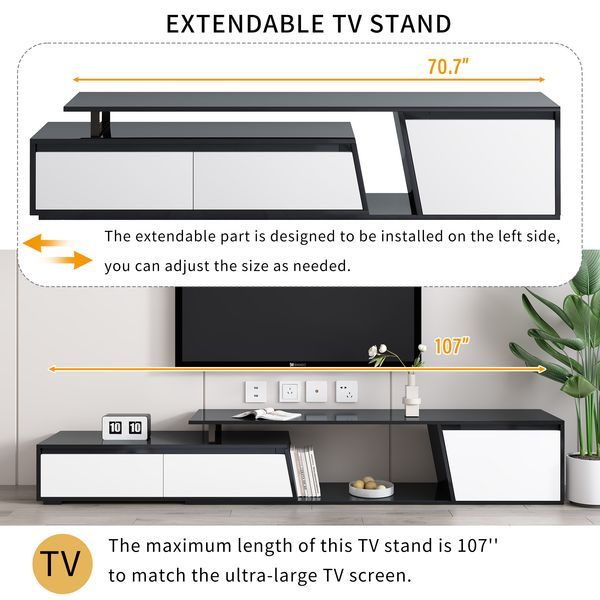 U-Can Modern, Minimalist Rectangle Extendable TV Stand, TV Cabinet With 2 Drawers And 1 Cabinet For Living Room, Up To 100''_voghion.com