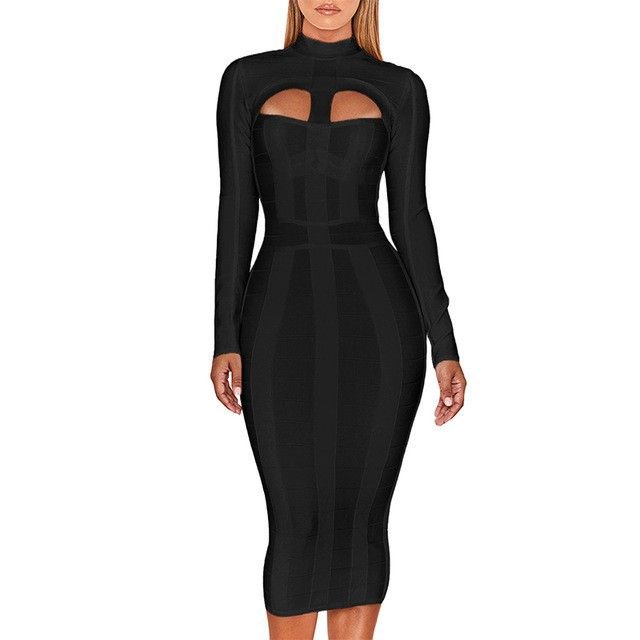 Abbigliamento da donna Autunno e inverno Abito aderente a maniche lunghe da donna Di solito puoi indossare un abito da sera nero con fascia di fascia alta_voghion.com