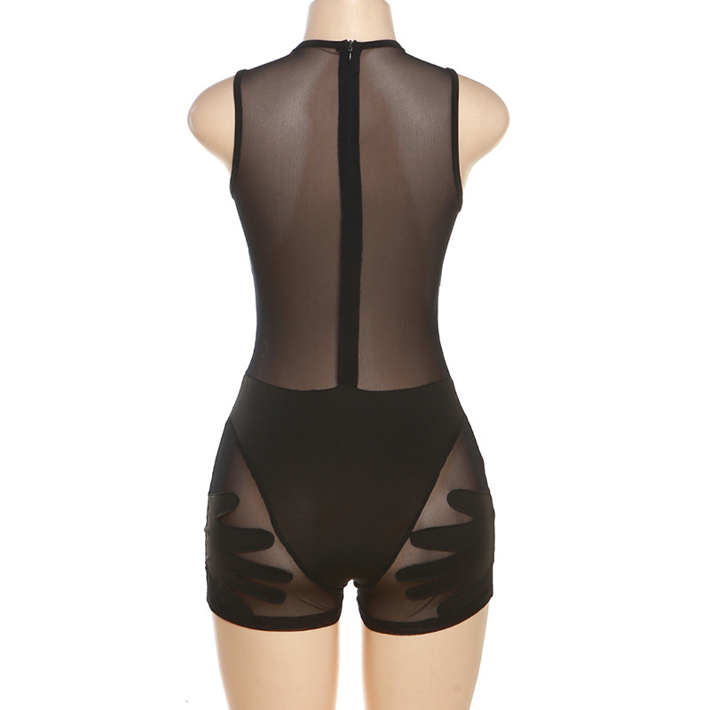 Feng 2024 Sommer Damen Neue Sexy Mesh Perspektive Panel Hohe Taille Ärmellose Enge Bodysuit Shorts für Frauen_voghion.com