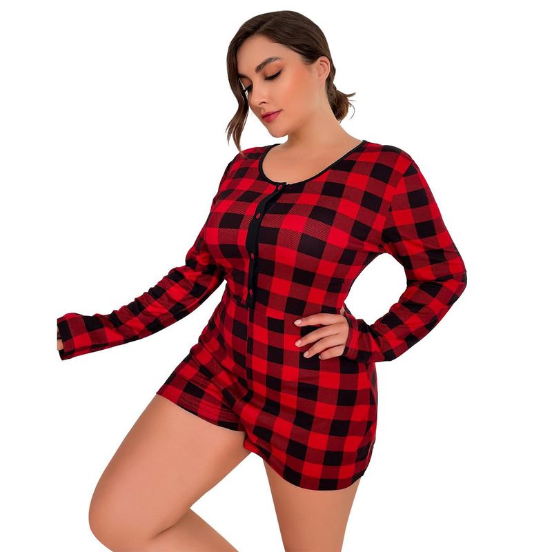 Pijama de una pieza de manga larga a cuadros rojos para mujer, talla grande, 100 kg_voghion.com