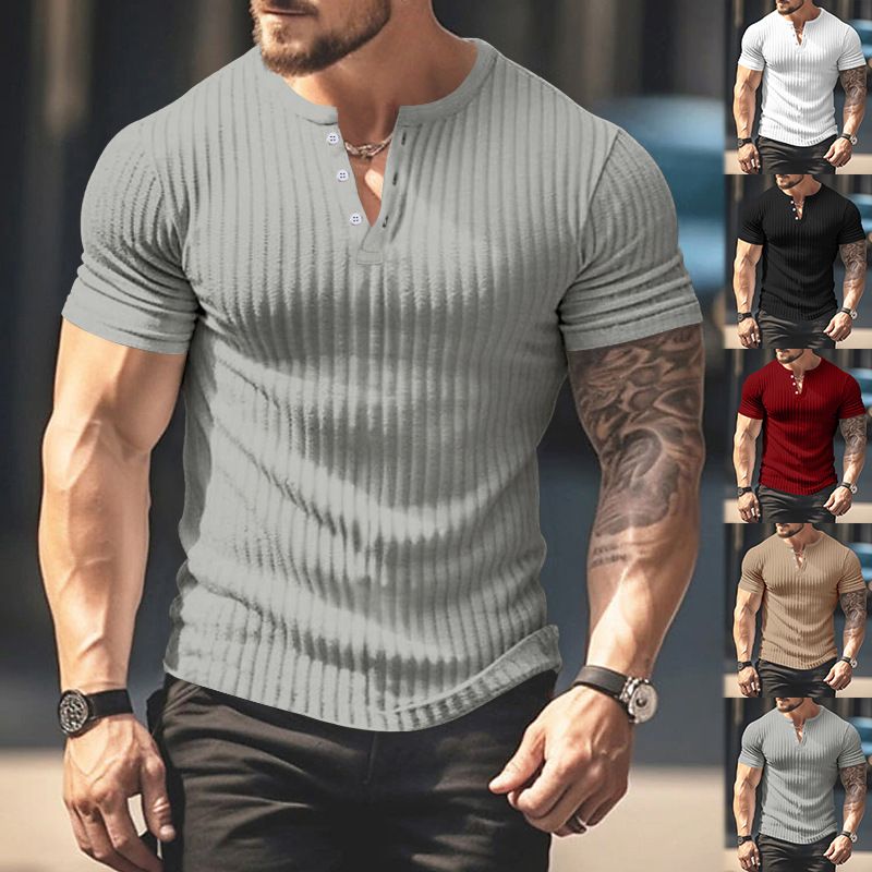 Solid Color Men's New Summer Versatile Short Sleeved Henley Shirt Casual Knitted T-shirt_voghion.com