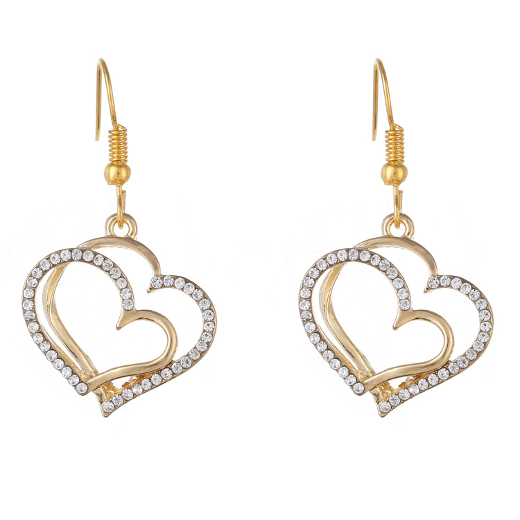 Double Hollow Love Heart Jewelry Set With Pendant Necklace & Drop Earrings & Chain Bracelet Inlaid Shiny Zircon Vintage Style Jewelry Set_voghion.com