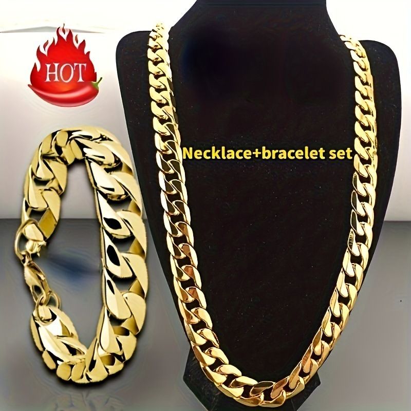 Hot Selling Stainless Steel Golden Men's Cuban Chain Necklace Bracelet 2-piece Set | Hip-hop,Rapper_voghion.com