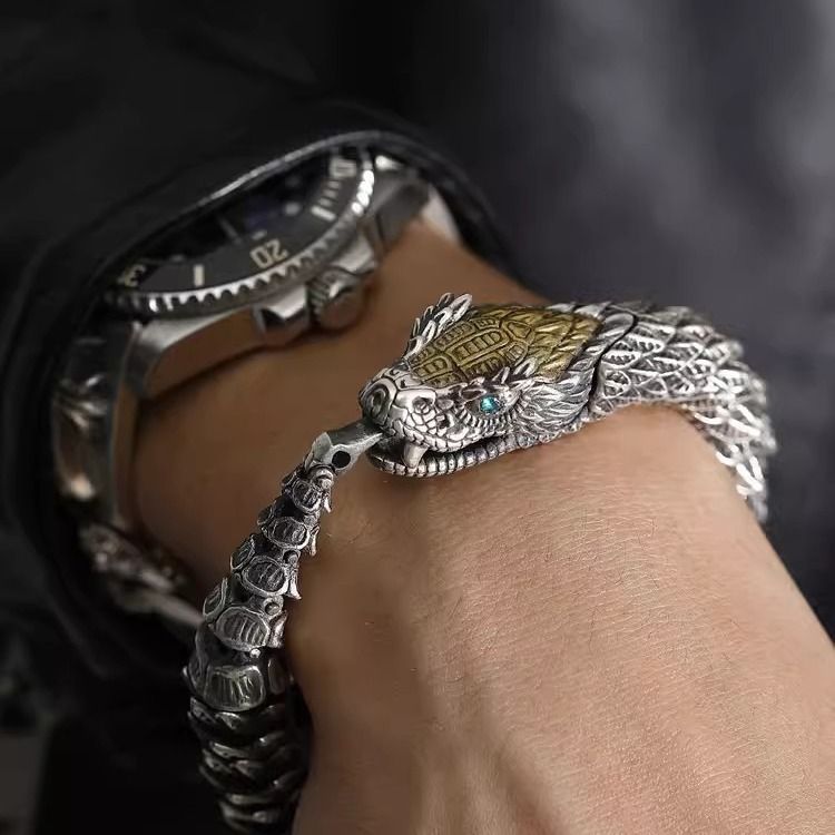 Sterling Silver Bracelet For Men High-End Sense Design Personality Medusa Rattlesnake Hip-Hop Dominant_voghion.com