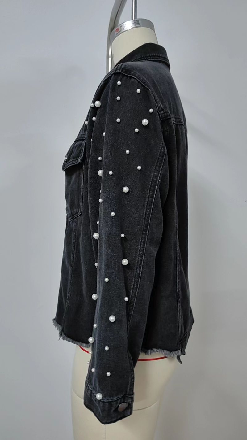 Women's Clothing Spring New Washed Beaded Long Sleeved Casual Denim Jacket Top_voghion.com