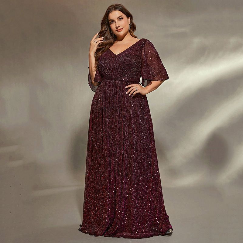 Elegantes Abendkleid in Übergröße für Damen – V-Ausschnitt, kurze Ärmel, figurbetontes Abendkleid für Bankette, Empfänge und besondere Anlässe_voghion.com