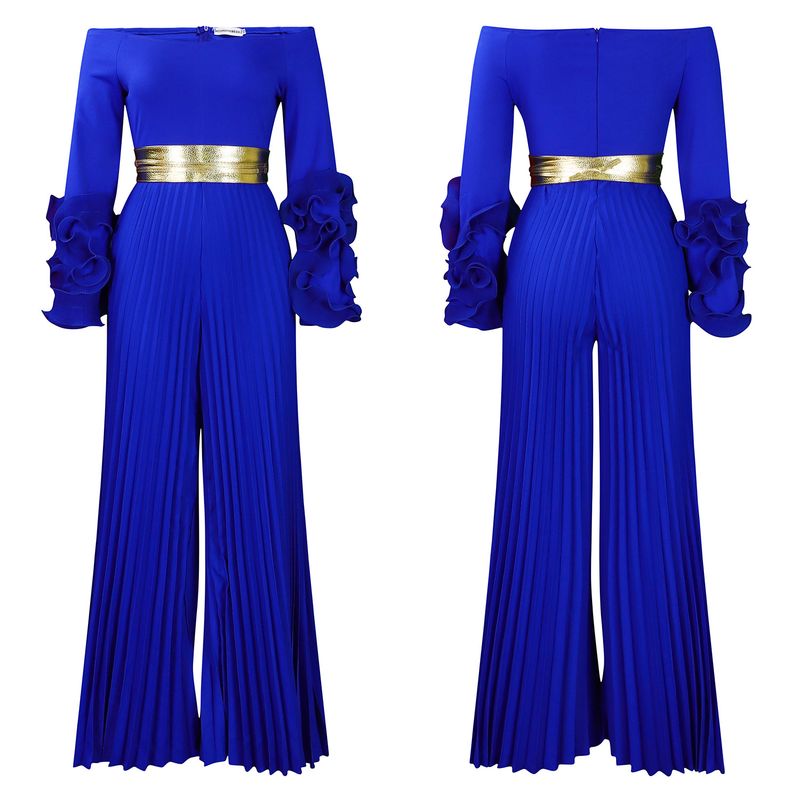 Dameskleding Nieuwe mode Een schouder Ruffle mouw Effen kleur Geplooide wijde pijpen Jumpsuit_voghion.com