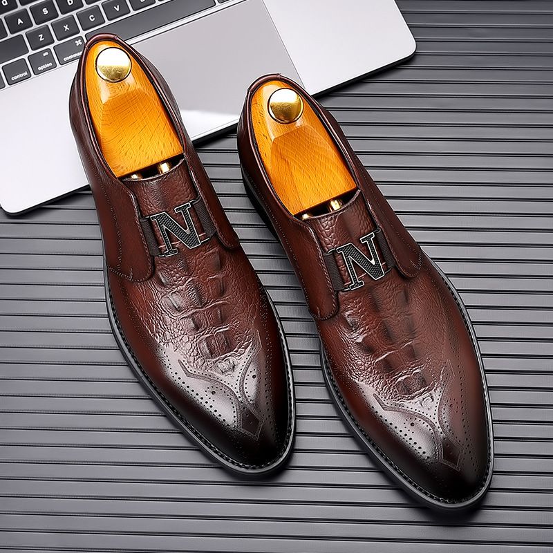 Regal Footwear Live Broadcast Autumn Business Formal British Brogue Casual European Style Leather Shoes Crocodile Pattern Pointed Toe_voghion.com
