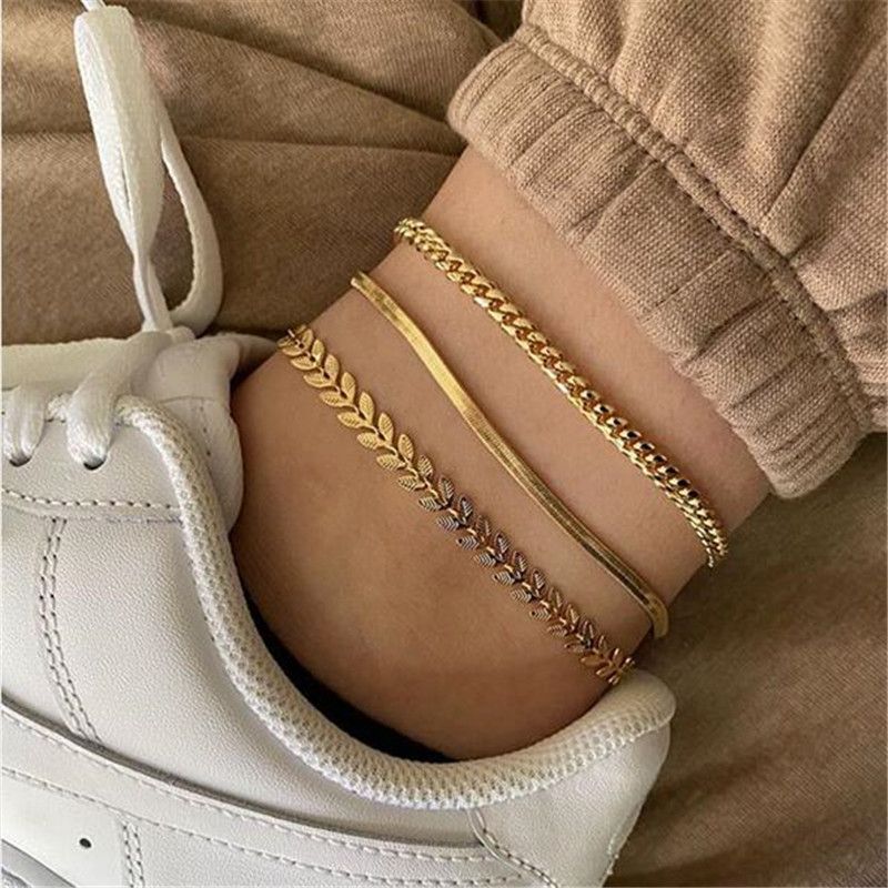 Jewelry Metal Texture Chain Leaf Set Of 3 Anklets_voghion.com