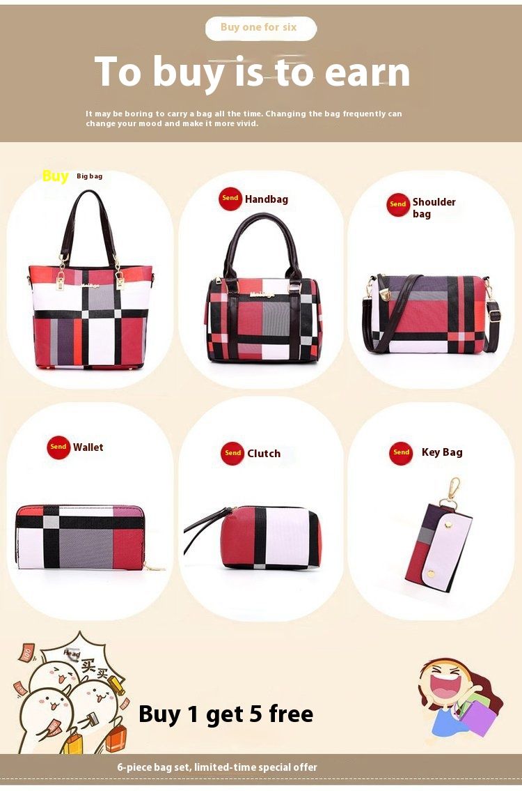 Andralyn New Plaid Six Piece Set Mother Tote Bag Contrasting Color Trend One Shoulder Handbag Women's Handbag Key Bag_voghion.com
