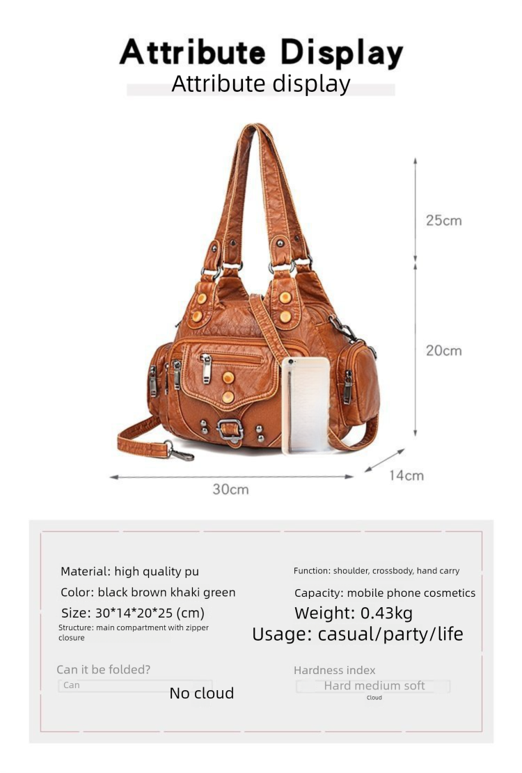 Borsa da donna in pelle lavata di alta qualità, borsa tote in morbida pelle con rivetti retrò, borsa a tracolla multitasche di grande capacità_voghion.com