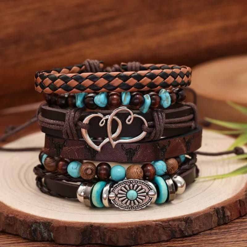 Mehrschichtiges, handgewebtes Armband mit Retro-Blumen und Pfauenfedern in Herzform aus Holzperlen_voghion.com